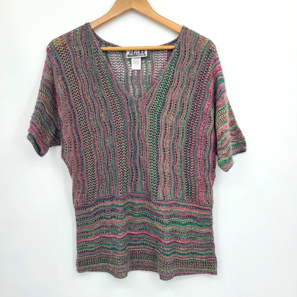 212 New York Open Knit Colorful Top Rainbow Boho Chic Hippie Festival Size XL